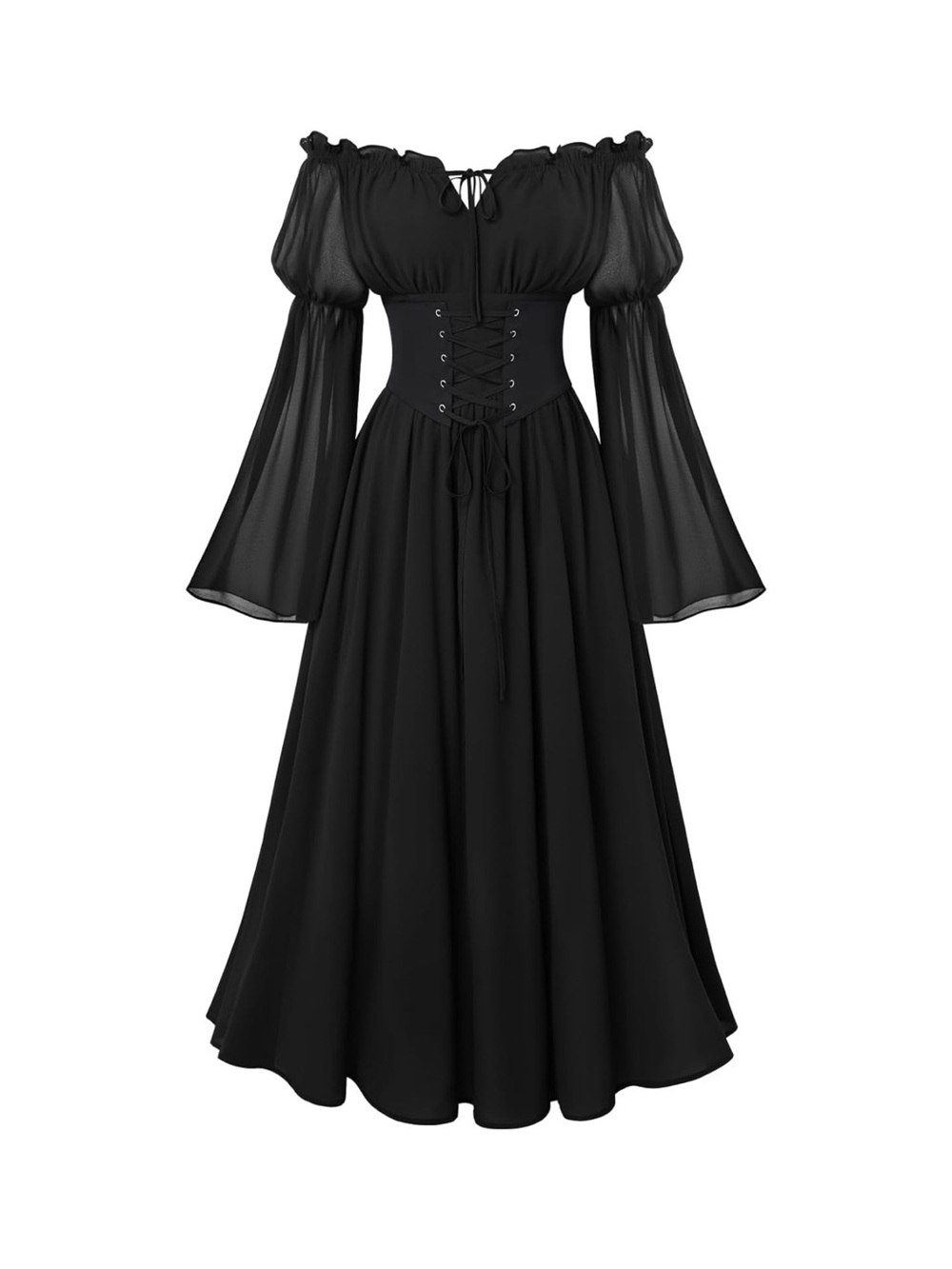 Renaissance Off Shoulder Corset Maxi Dress with Bell Sleeves Pockets